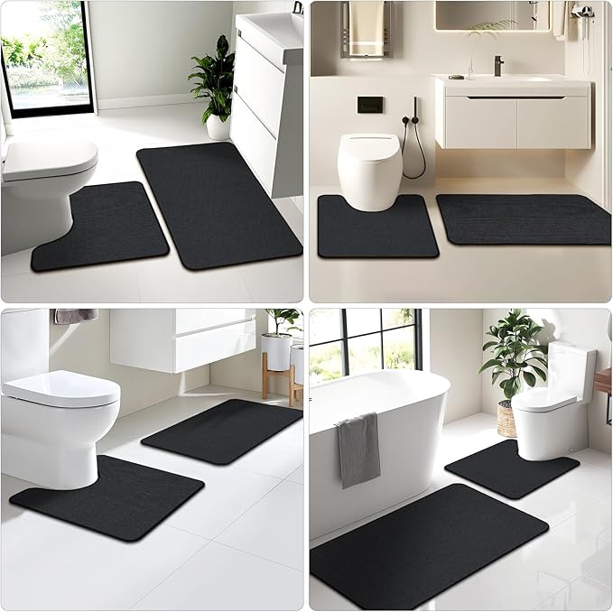 HOMTEB Toilet Rugs U Shaped Washable 24x20, Ultra Thin Toilet Rug Super Absorbent, Toilet Mat Rubber Backing Non-Slip, Toilet Mats Machine Washable Dry Quickly, Contour Bathroom Rugs for Toilet-Black