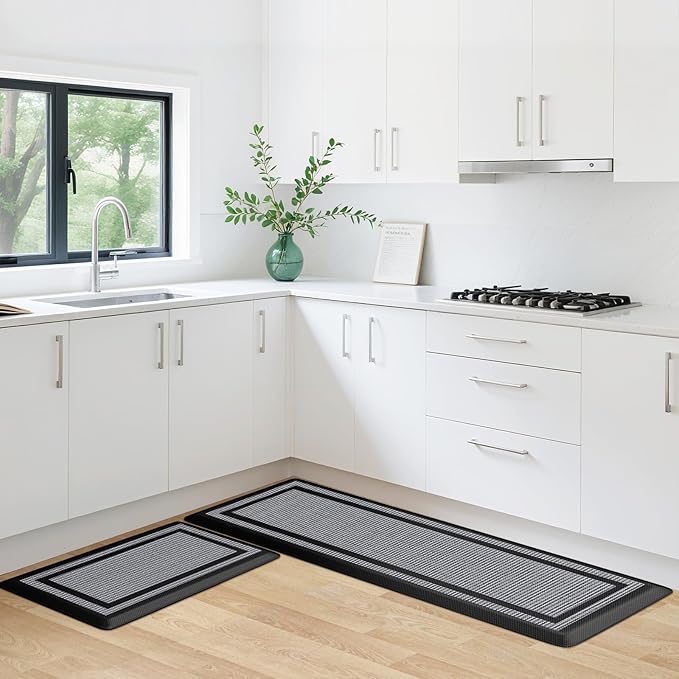 KitchenClouds [2 PCS] Kitchen Rugs Cushioned Anti-Fatigue Kitchen Mats for Floor Waterproof Kitchen Rug Set Non-Slip Comfort Standing Mat for Office, Sink, Laundry 17.3"×28"+17.3"×60",Black