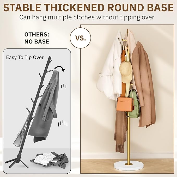 MISSLO Heavy Duty Coat Rack Freestanding 4 Adjustable Size Coat Tree with Stable Wood Base Coat Hanger Stand with 6 Hooks Standing Clothes Tree for Bedroom, Gold
