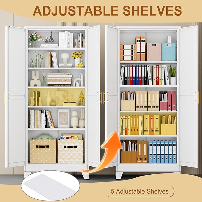 75" White Metal Garage Storage Cabinet with 2 Doors and 5 Adjustable Shelves,Kitchen Pantry Cabinet,File Cabinet,Steel Tool Cabinet for Home,Office,Garage,School,Warehouse