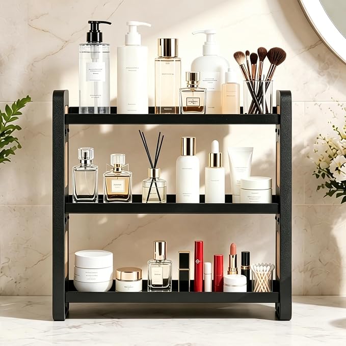 3-Tier Black Bathroom Countertop Organizers and Storage, Vanity Bathroom Sink Organizer Shelf for Skin Care Makeup Cologne and Perfume, Kitchen Countertop Spice Rack Organizer