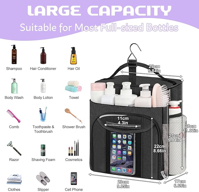 Attmu Shower Caddy Portable, Hanging Shower Bag for Dorm Room College, Large Capacity Quick Dry Mesh Tote Bag for Travel Camping Essentials (Black)