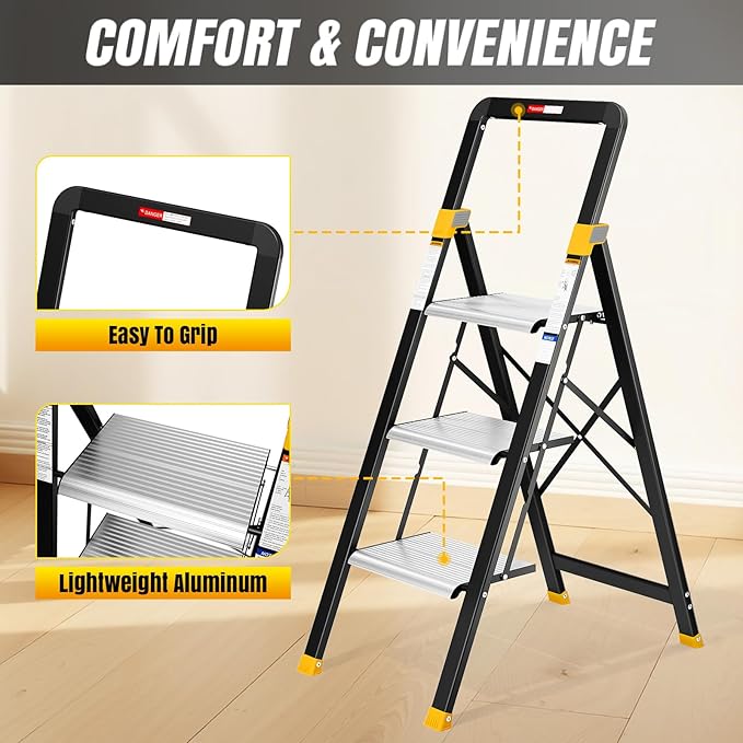 KINGRACK 3 Step Ladder, Aluminium Folding Step Stool with Anti-Slip Wide Pedals & Comfortable Handrail, 330lbs Load Capacity, Space Saving Design for Home & Kitchen, Sturdy and Portable, Silver