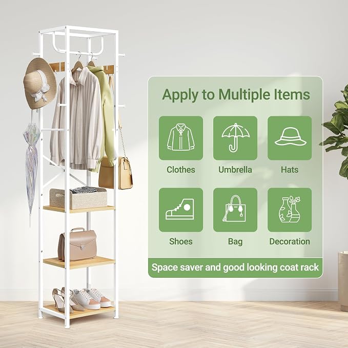 ELYKEN Coat Rack Freestanding, Hall Tree with 3 Storage Shelves and 12 Hooks, Industrial Clothes Rack Stand Organizer for Bedroom, Hallway, Entryway, Office, Living Room
