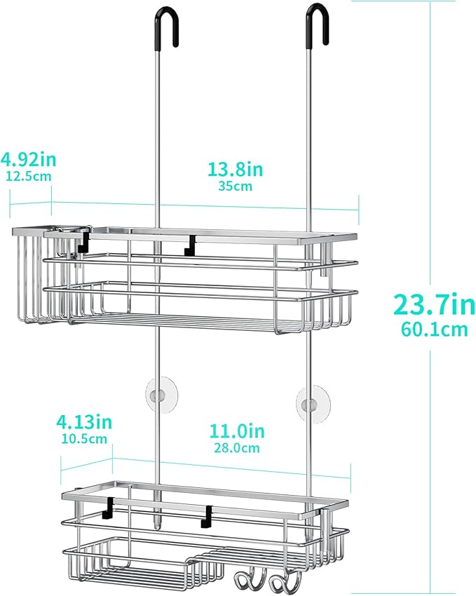 HapiRm Hanging Shower Caddy Organizer - No Drilling Shower Shelves with Hooks and Toothbrush Holder, Rustproof 304 Stainless Steel Bathroom Organizer - Silver
