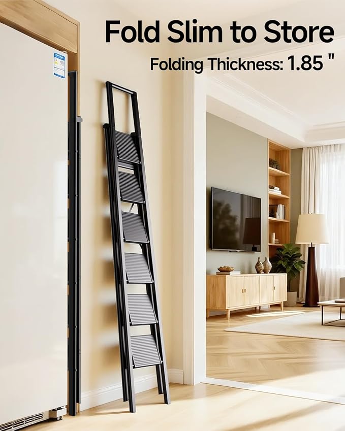 SOLADDER 6 Step Ladder with Handrails, Anti-Slip and Foldable Step Stool with Widen Pedals, Portable Stepladders for Home, Kitchen and Indoor, Space Saving -300lbs (Black)