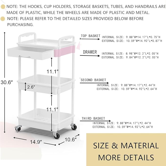 Goovilla 3 Tier Rolling Utility Cart Organizer with Removable Drawer, Stable and Sturdy White Rolling Storage Carts with 2 Lockable Wheels for Bathroom, Kitchen, Snack, Craft, Makeup, Baby Essentials