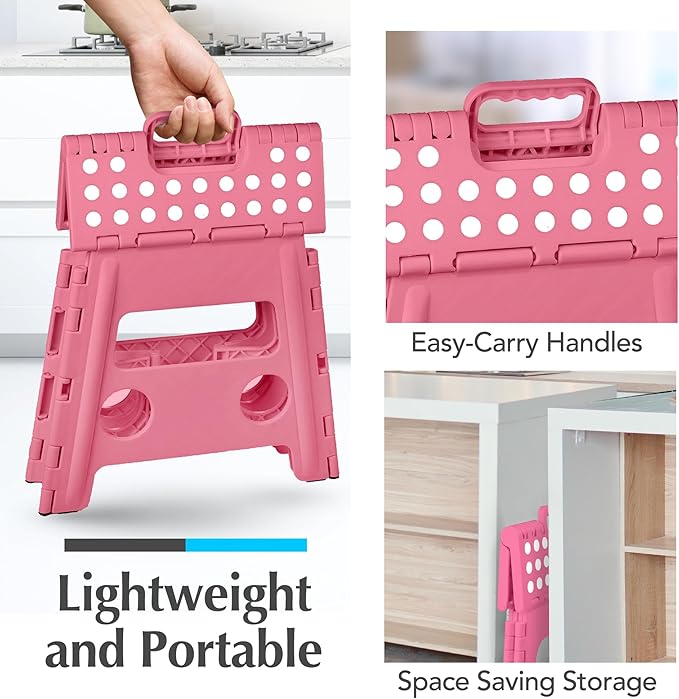 Handy Laundry Folding Lightweight Step Stool - Sturdy Enough to Support Adults - Opens Easy with One Flip - Great for Kitchen, Bathroom or Bedroom (Pink - 13 Inch)