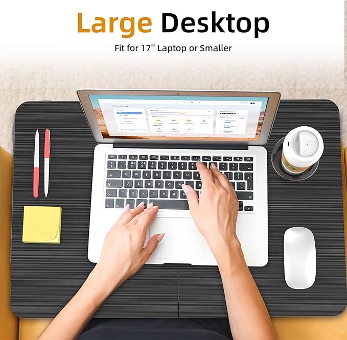 BUYIFY Foldable Laptop Bed Desk for Couch, Sofa - Large Lap Desk Tray Table with Cup Holder and Tablet Slot - Portable Notebook Stand for Eating, Writing, Studying and WFH (Black)- USA Original Patent