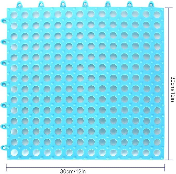 12 Pack 11.8" x 11.8" Interlocking Floor Tiles with Drain Holes Soft PVC Non Slip Shower Floor Mat Modular Interlocking Cushion Mat for Drain, Pool, Patio, Balcony, Kennel, Poultry, Floor Grid, Blue