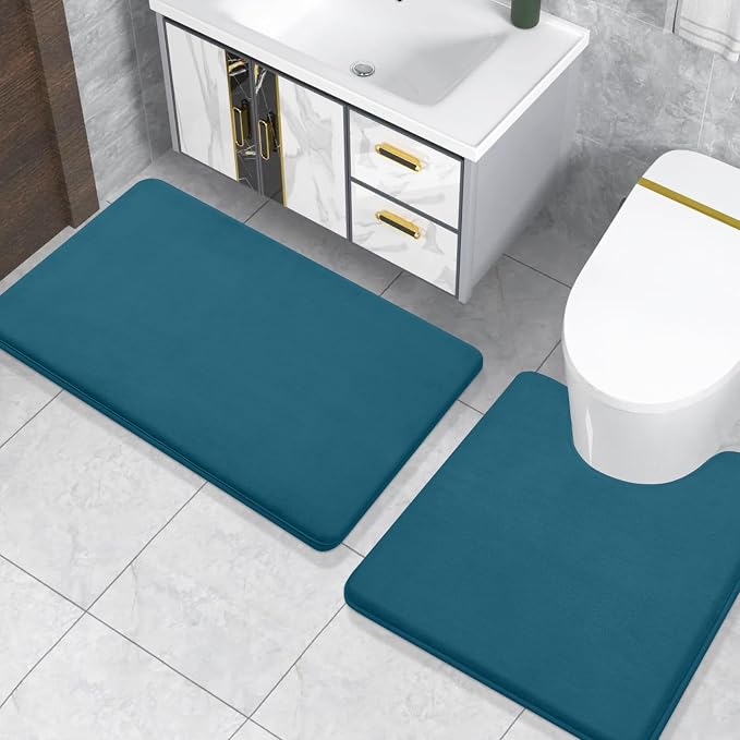 Smiry Memory Foam Toilet Rugs U-Shaped 24x20, Extra Soft Absorbent Non-Slip Contour Bathroom Rugs, Machine Washable Bath Mats for Toilet, Peacock Blue