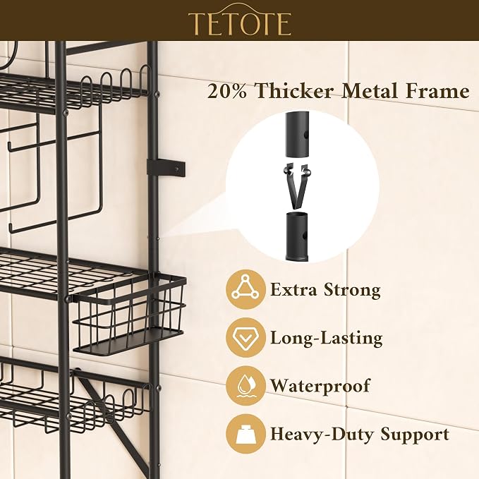 TETOTE Over The Toilet Storage Rack, 3-Tier Bathroom Organizer Shelf Over Toilet with Toilet Paper Roll Holder, Freestanding Metal Rack, Black