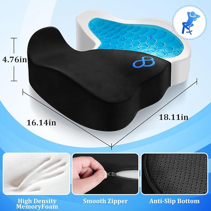 CushyOasis Seat Cushion, Gel Chair Cushions, Office Chair Cushions, Anti-Slip Bottom & Removable Cover Tailbone Pain Relief Cushion, Memory Foam Seat Cushion for Office, Wheelchair, Car (Black)