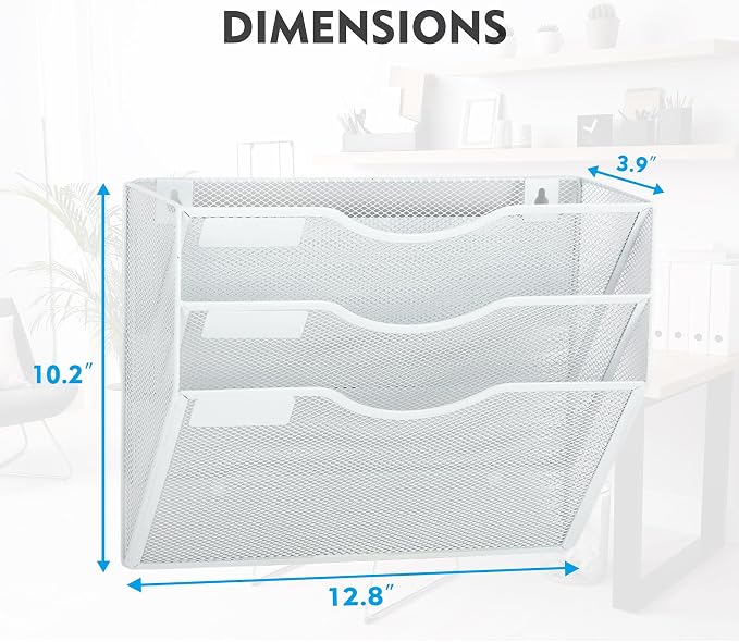 EASEPRES Magnetic 3 Pocket Mesh Hanging Wall File Organizer, Wall Mounted Mail Paper Document Folder Holder, Clipboard Storage Magazine Rack with Nametag Label for Office Home School, White
