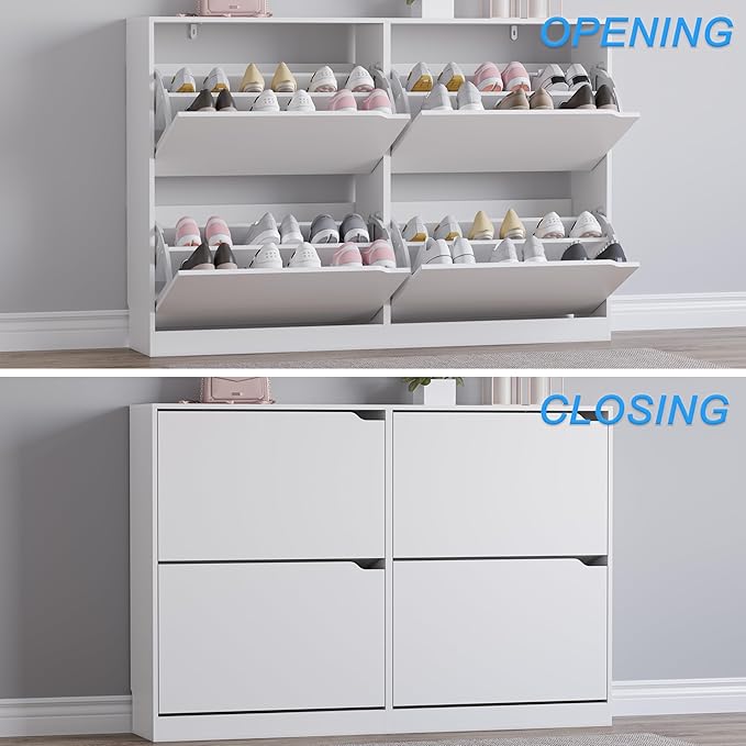 BORNOON Shoe Cabinet with 4 Flip Drawers, Narrow Hidden Shoe Storage Cabinet, Slim Freestanding Shoe Rack Organizer for Entryway, Hallway, Bedroom, Living Room