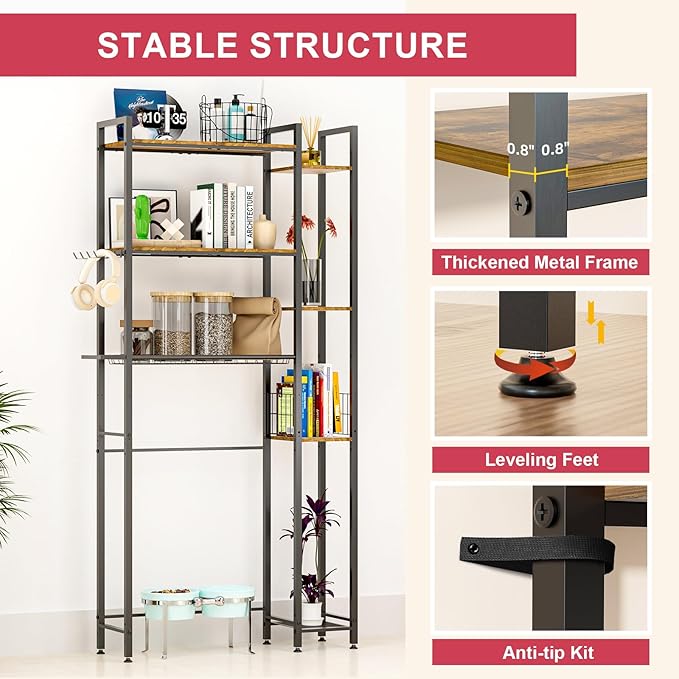 Over The Toilet Storage with Wooden Shelves and Side Rack, 7-Tier Metal Over Toilet Bathroom Organizer Freestanding Storage Shelf for Toilet Paper, Towels, Toiletries, Ideal for Small Bathroom