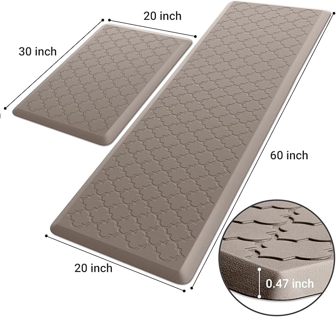 Kitchen Mat [2 PCS] Cushioned Anti-Fatigue Floor Mat Water Resistant Non-Skid Kitchen Mats and Rugs Ergonomic Comfort Foam Kitchen Rugs Standing Mat for Floor Office Sink (Khaki,20"x30"+20"x60")