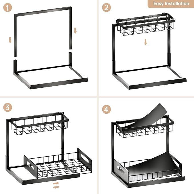 Under Sink Organizer and Storage 2 Pack, Slide Out Cabinet Organizer, Pull Out Sink Shelf for Kitchen Bathroom Laundry, Black