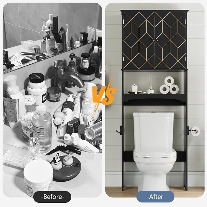 Gold Trim Over The Toilet Storage Cabinet, Double Doors Over Toilet Bathroom Organizer with Adjustable Shelves and Toilet Paper Holder, Modern Over Toilet Storage Cabinet for Bathroom (Black)