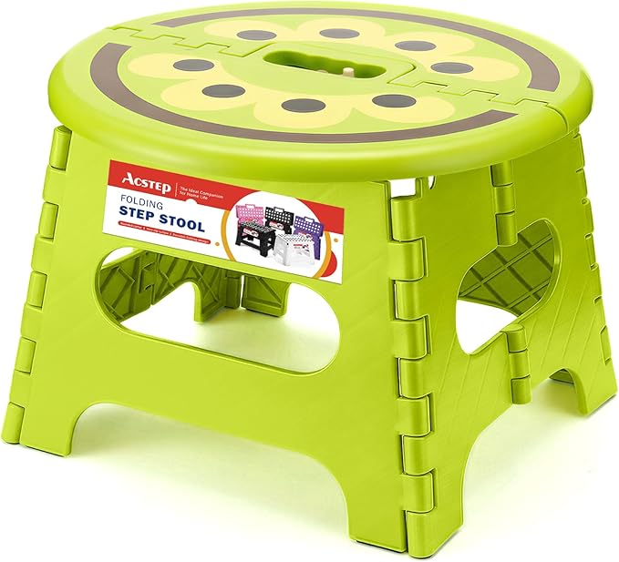 ACSTEP Folding Step Stool 9 Inch, Sturdy Collapsible Step Stool Foldable Up to 265 lbs for Kids Toddlers & Adults, Non Slip Foot Stools with Handle for Kitchen, Bathroom, Bedroom, Outdoor, Kiwi Green