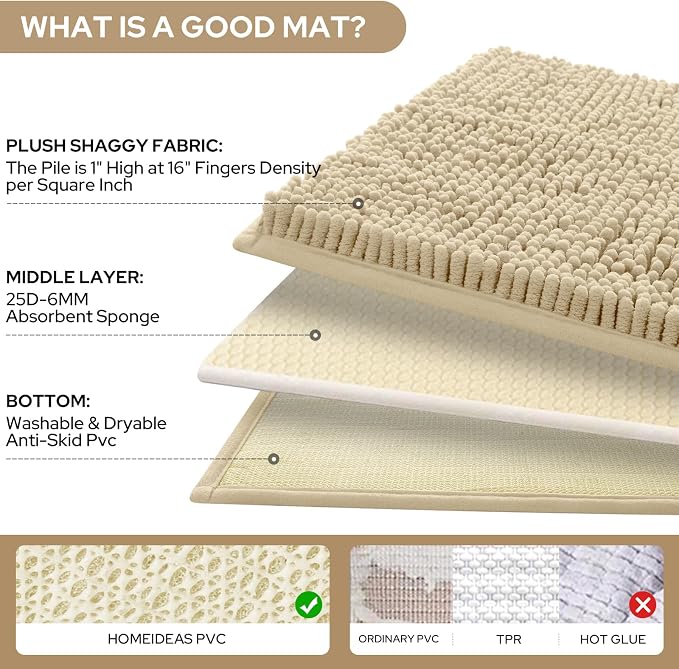 HOMEIDEAS 3 Pieces Bathroom Rugs, Extra Large Ultra Soft Non Slip Absorbent Chenille Toilet Bath Mat Set (Beige)