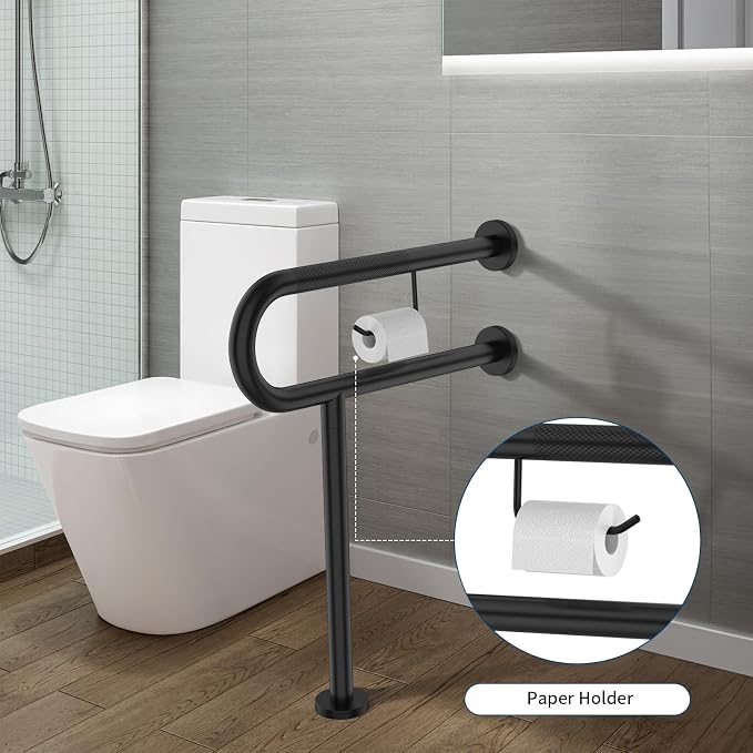 Toilet Support Rail w/Toilet Paper Holder 24x28 Inch, ZUEXT Wall to Floor Matte Black Anti-Slip Handicap Grab Bar for Bathroom, Stainless Steel Safety handrails with Leg for Elderly Disabled Pregnant