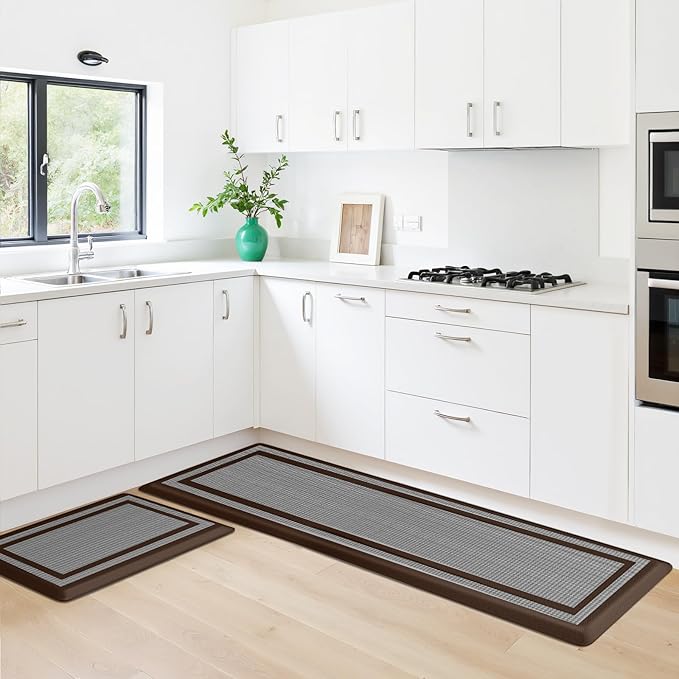 KitchenClouds [2 PCS Kitchen Rugs Cushioned Anti-Fatigue Kitchen Mats for Floor Waterproof Kitchen Rug Set Non-Slip Comfort Standing Mat for Office, Sink, Laundry 17.3"×28"+17.3"×60",Chocolate