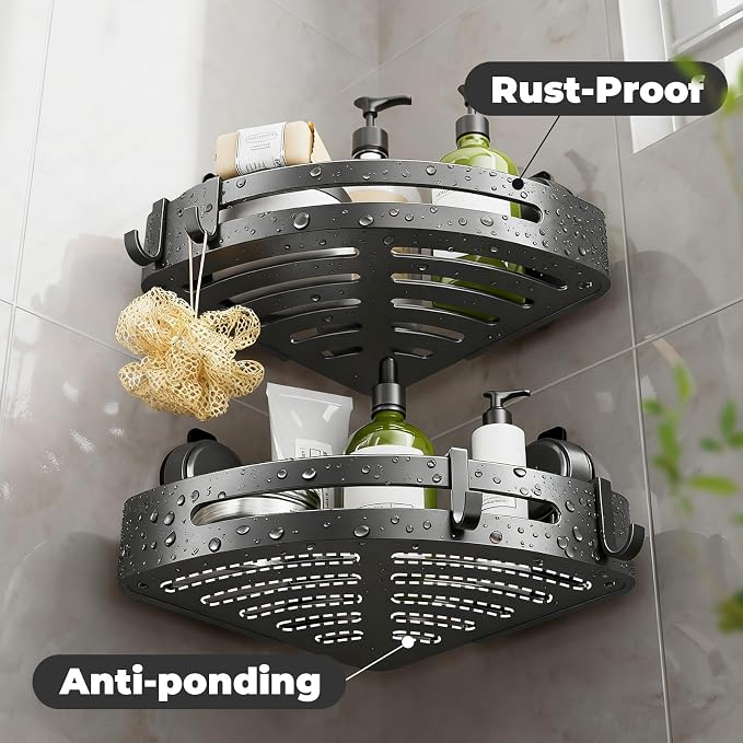 Corner Shower Caddy Suction Cup,Shower Shelves with Hooks,No Drilling Powerful Upgrade Suction Bathroom Corner Organizers and Storage,Removable Waterproof Rustproof Shower Shelf Bathroom Decor