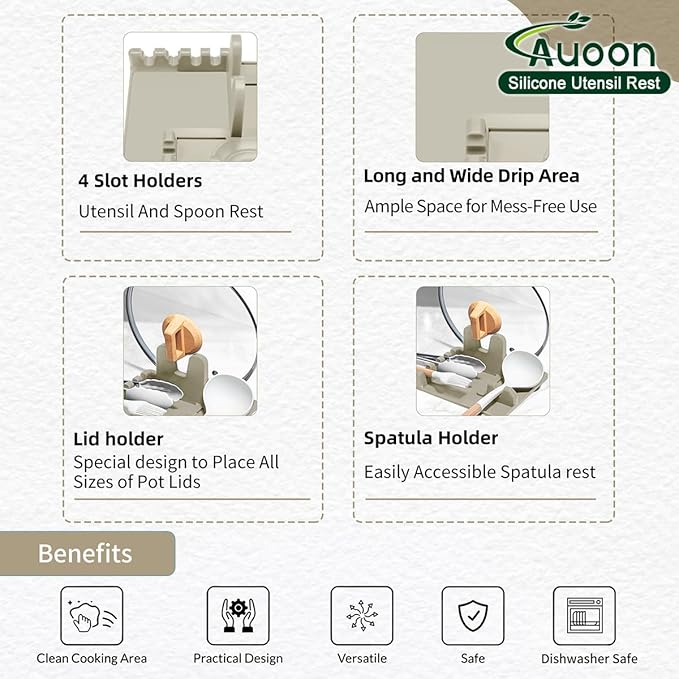 Auoon Silicone Spoon Rest with Lid Holder - 3 in 1 Kitchen Utensil Rest for Soup Ladles, Pot Lids, Spatulas, Spoons, Tongs, BPA Free & Dishwasher Safe, 8.26 x 8.06 Inch (Milk Shake, Large)