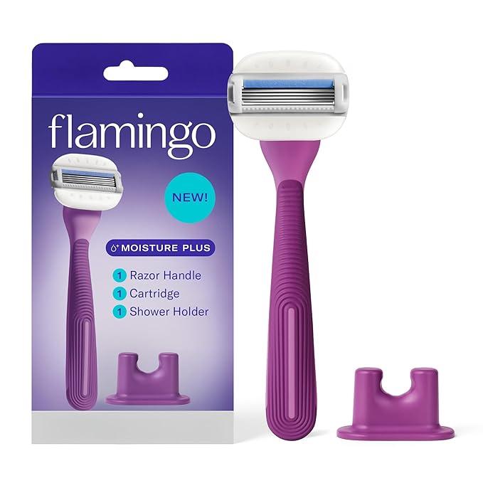 Flamingo Moisture Plus Women's Razor Set - No Shave Gel Needed - 1 Razor Handle, 1 Blade Refill, Shower Holder - Fig