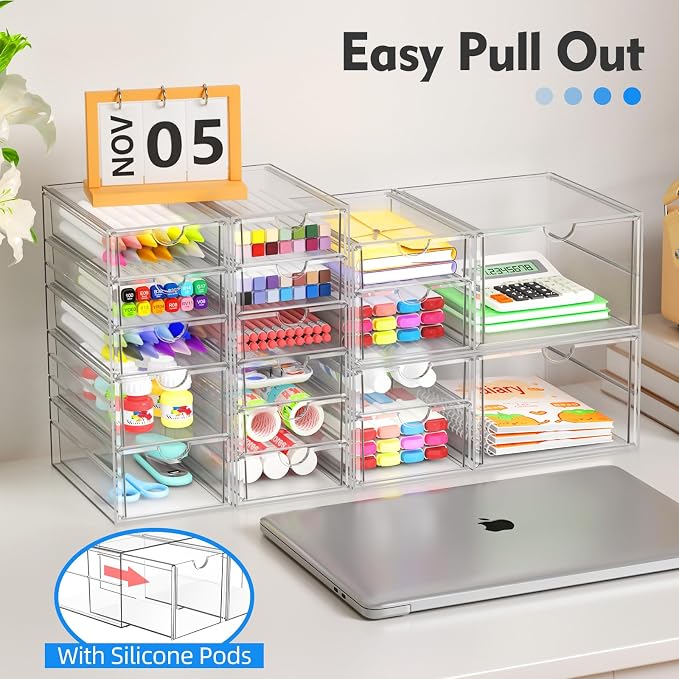ARSTPEOE Makeup Acrylic Organizer with 17 Drawers(4 Sets), Desk Organizers and Accessories, Clear Makeup Organizer, Dustproof Storage Drawers for Office Art Craft Supplies