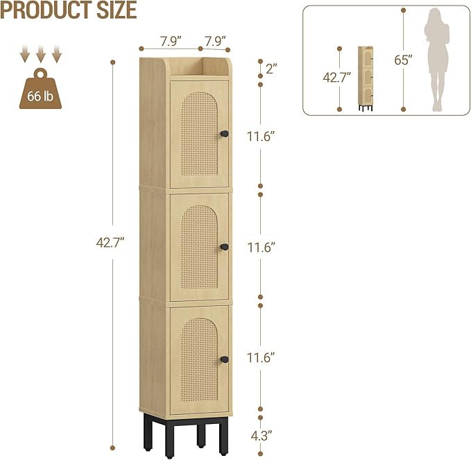 Hzuaneri Slim Bathroom Storage Cabinet, Narrow Bathroom Organizers and Storage with 4 Adjustable Feet, Laundry Room Organization for Small Space, Kitchen, Living Room, 3 Doors Rattan Yellow BC22302Y