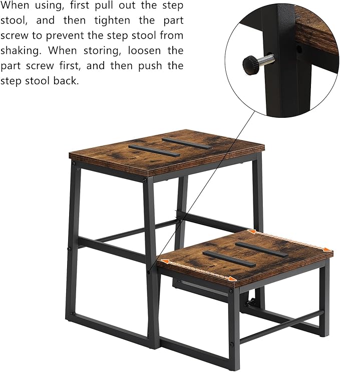 LIANTRAL 2 Step Stools for Adults & Kids, Heavy Duty 2-in-1 Stepping Stools Adjustable Retractable Wooden Stool, Metal Frame, Non-Slip Bedside Foot Stool, for Bed, Kitchen, RV Step - Rustic Brown