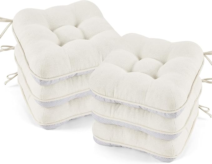 BETU White Chair Cushions for Dining Chairs Set of 6,3.5" Thick Kitchen Table Chair Pads with Ties,Non Slip Backing and Covers, Seat Cushion for Dining Room,Bar,Patio Chairs,15.5"X15.5"X3.5",White