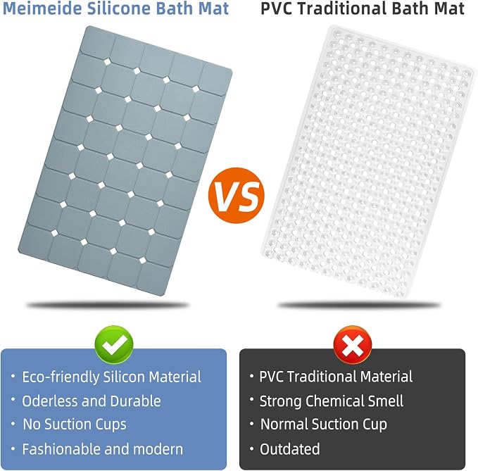 Bathtub Mat Non Slip Silicone Soft Odorless Bath Mat No Suction Cups for Refinished,Textured and Reglazed Tub Shower Mats Non-Slip 18 X 28Inch Grey