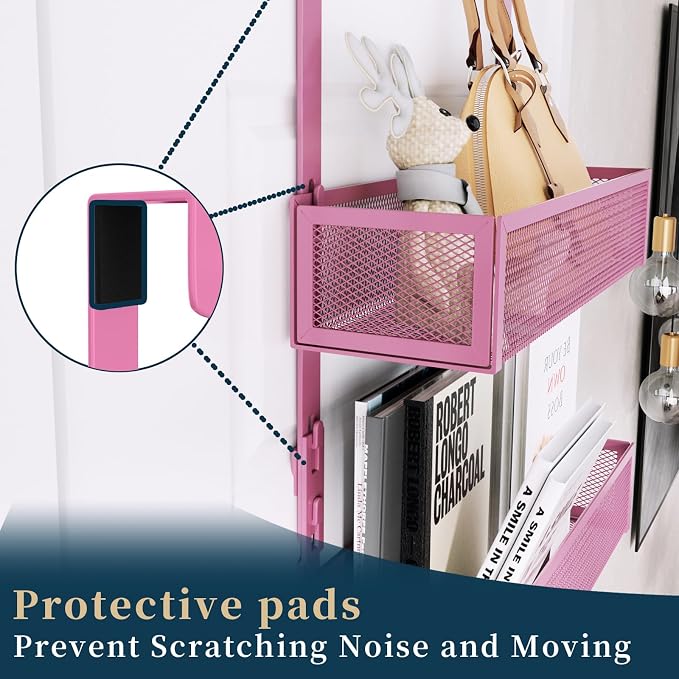 Consumest Over The Door Hooks Organizer - 3 Tier Door Hanger with 9 Coat Hooks & 2 Mesh Basket, Back Storage Organizer Hanging Towels for Bathroom, Bedroom, Pink