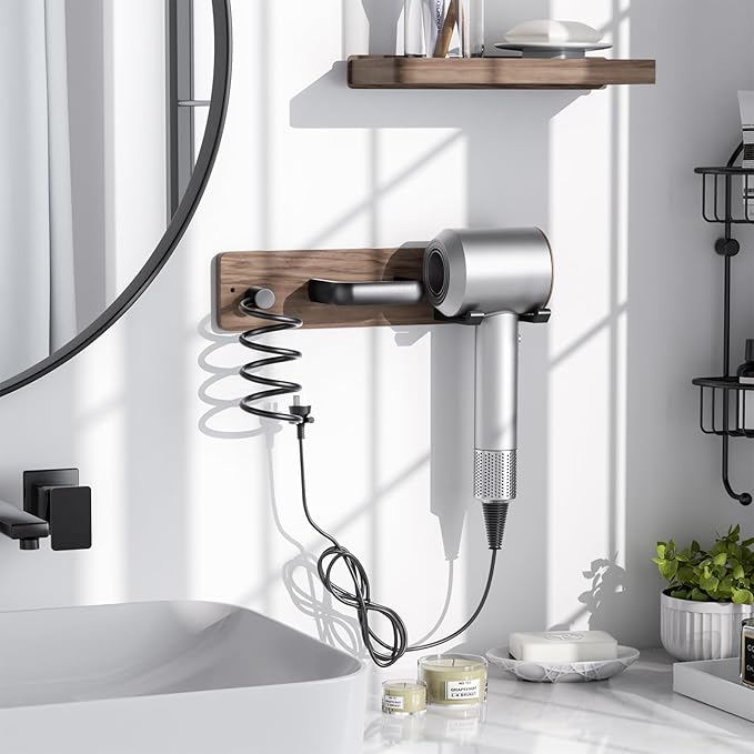 Tindbea Hair Dryer Holder Wall Mount Aluminum Alloy Hot Tools Organizer | Walnut Matte Black