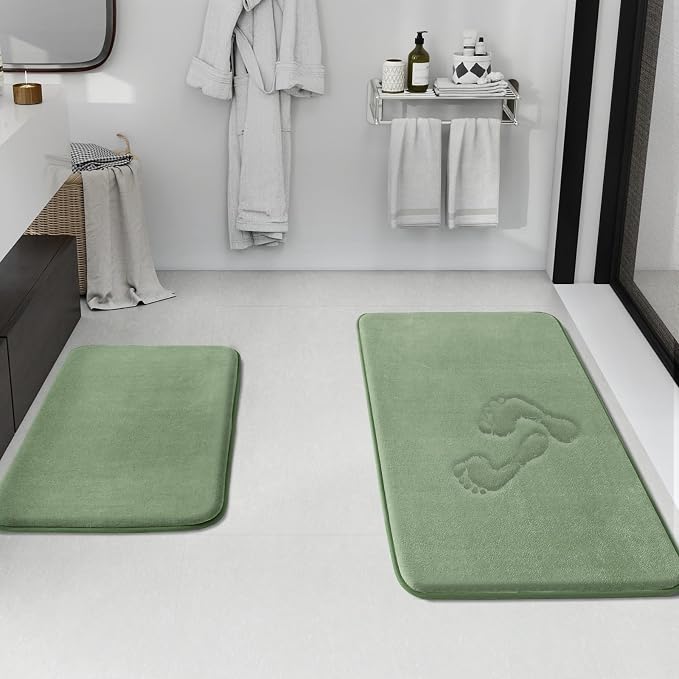 HUXMEYSON Bathroom Rugs Sets 2 Piece, Non-Slip & Quick Dry Bath Mat Set, Ultra Soft Velvet Bath Rugs for Bathroom, Toilet and Shower Floor, Grey Green