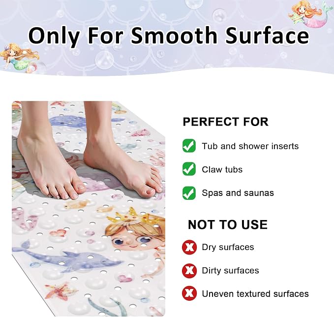 Topotdor Baby Bath Mat, Cartoon Bath Mat for Tub Non Slip Kids, 40x16 Inch Extra Long Toddler Bathtub Mat with Drain Holes & Suction Cups, Machine Washable Anti-Slip Shower Mat, Mermaid