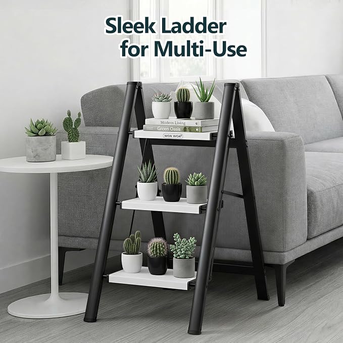 WOA WOA 3 Step Ladder, Folding Step Stool with Wide Non-Slip Aluminum Pedals, Stable and Portable, 330 lbs Capacity, for Home, Kitchen, Office - Black & White