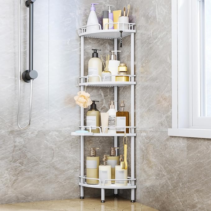 Consumest Corner Shower Organizer Stand - 4 Tier Shower Caddy with Soap Holder, Standing Tall Floor Shower Stand with Adjustable Feet & 4 Hooks, Shower Shelf Rack Storage for Bathroom White