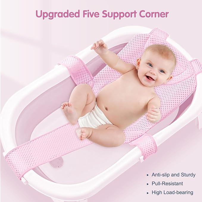Colorlife Baby Bath Seat Support Net Infant Bathing Seat Support Mat, Adjustable Comfortable Non-Slip Five-Pointed Baby Shower Net Bathtub Sit Up Mesh for Newborn 0-12 Months-Light Pink(No Bathtub)