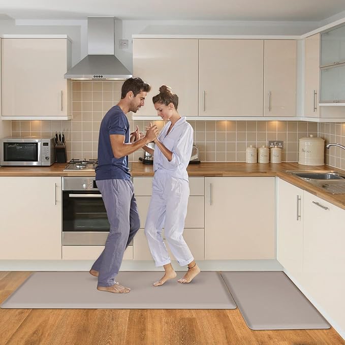 HappyTrends 2 PCS Kitchen Mat Cushioned Anti-Fatigue Floor Mat, Heavy Duty Ergonomic Comfort Foam Standing Mat, Waterproof Non-Slip Kitchen Rugs for Home, Office(17.3"x28"+17.3"x47",Khaki)