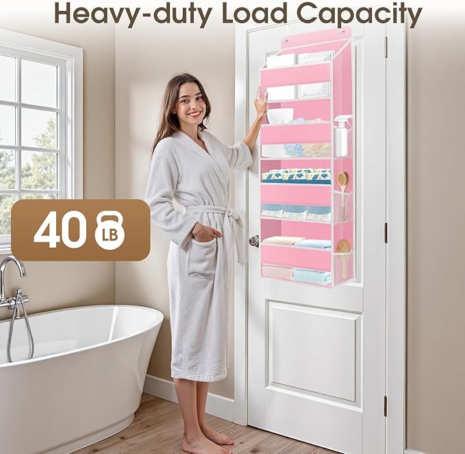SpaceHacks 2 Pack Over The Door Organizer Hanging Storage Organizers with Clear Window 40lb Large Capacity Room Organizer for Pantry Laundry Bathroom Nursery Closet(Pink)