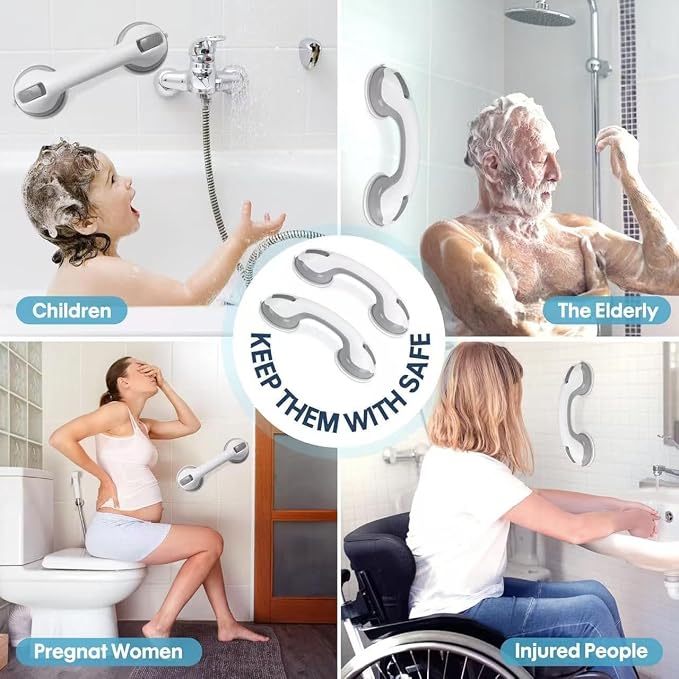 Auroras 12 Inch Grab Bars for Bathtubs and Showers with Suction Cup, Removable Shower Grab Bars for Seniors, No Drilling Heavy Duty Shower Handle for Bathroom Safety, Handicap Grab Bars, Grey (2 Pack)