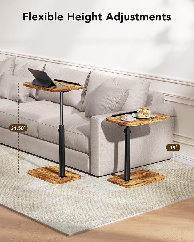 HUANUO Adjustable TV Tray, Height Adjustment TV Trays with 360° Swivel and 90° Tilt, Sturdy & Multi-Functional Sofa Table with Anti-Slip Bar, Side Table for Couch, Bedside, Dining, Living Room