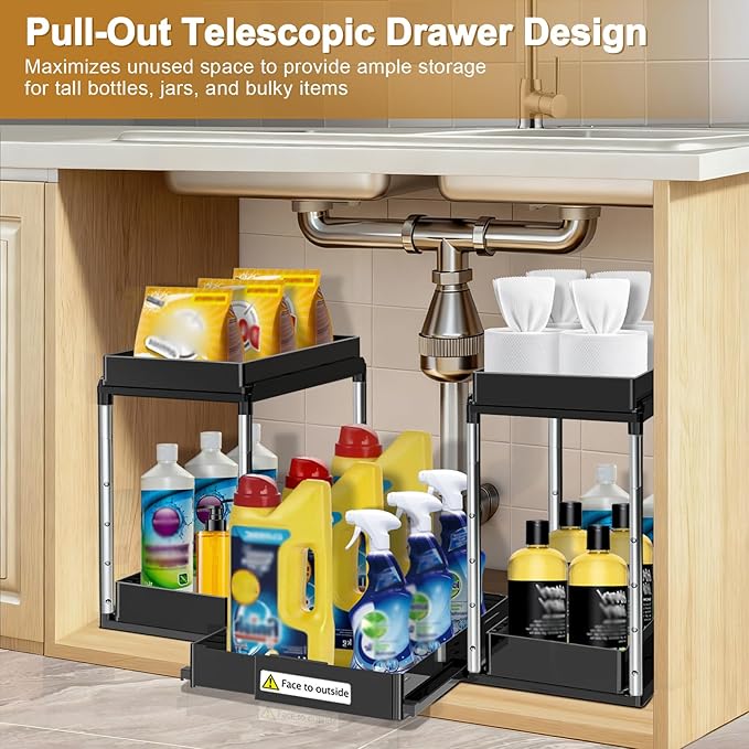 NIUXX Expandable Under Sink Organizer: 2 Tier Height Adjustable Under Cabinet Organizer - Double Pull Out Shelf Under Sink Storage for Kitchen - Bathroom and Laundry Room - Space Saving