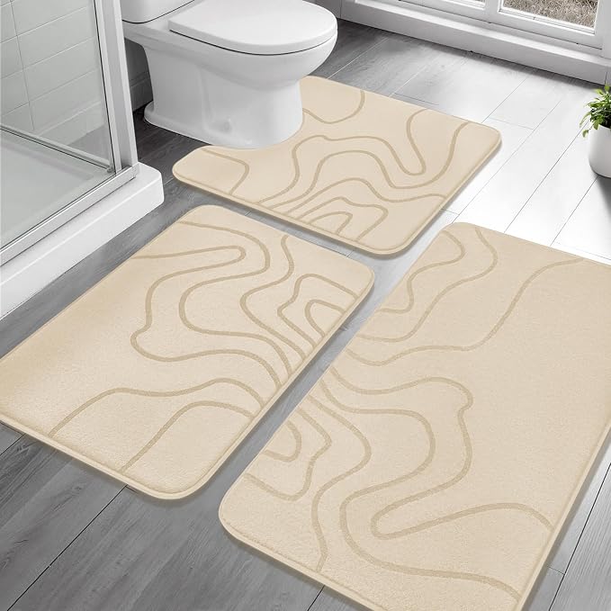 YIHOUSE Memory Foam Bathroom Rugs Sets 3 Piece - Extra Thick Ultra Soft Absorbent Bath Mat Set, Non-Slip Machine Washable Bath Rugs for Bathroom, Tub & Shower, Home Decor Accessories, Beige