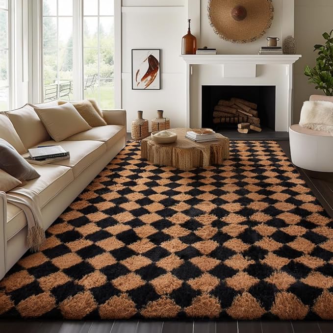 Ophanie 8x10 Black & Beige Diamond Checkered Rugs for Living Room Bedroom, Large Rhombus Fluffy Soft Fuzzy Area Rugs, Plush Shaggy Bedside Floor Carpet for Kids Baby Teen Dorm Home Decor Aesthetic
