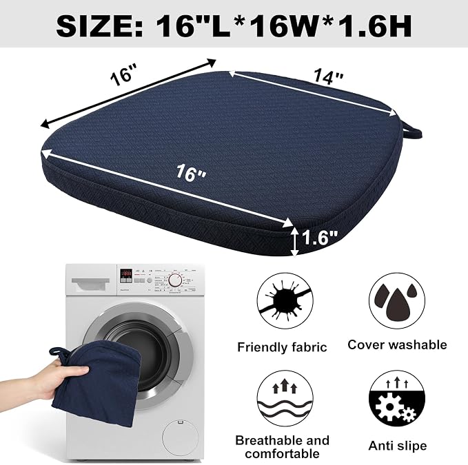 BUYUE Luxury 100% Pure Memory Foam Chair Cushion 1 Pack, Jacquard 16" U-Shape Comfortable Dining Chair Pad, Removable Slip Resistant Kitchen Chair Seat Cushion, (1 piece, Navy Blue)